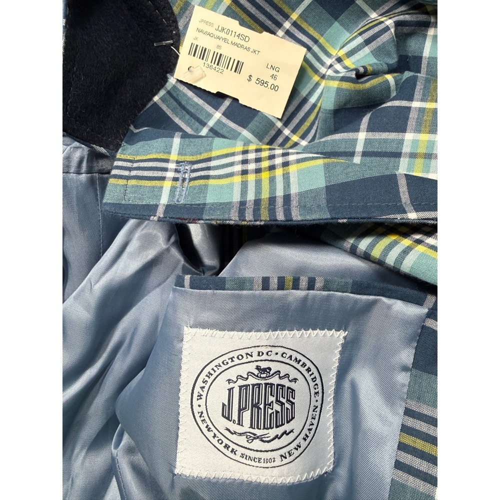 J. Press Mens 46L Madras Plaid Sport Coat Blazer NWT Nav Aqua Yel Cotton Preppy - Picture 9 of 9